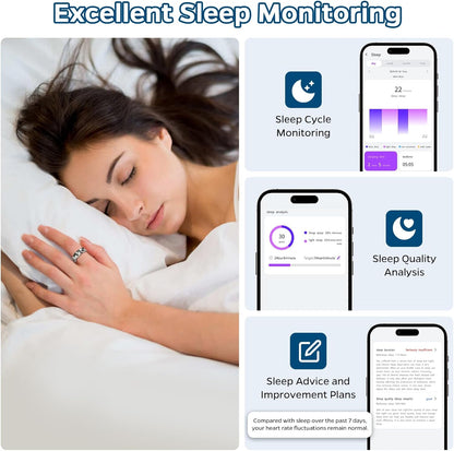 Smart Ring Health Tracker, Sleep Tracker Ring with Heart Rate, Waterproof Fitness Ring for Activity Monitoring/Steps/Distance/Calories,Air Gestures,Up to 7Day Battery,For Ios Android(Stylish Silver#8)